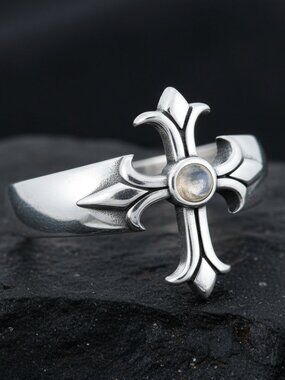 Sterling Silver Moonstone Eye Cross Ring: Medieval Gothic Jewelry